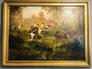 "Die Wildschweinjagd", Öl auf Leinwand, Frankreich, frühes 20. Jahrhundert