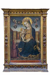 Favoloso dipinto su tavola raffigurante “Madonna con bambino e Santa “ attribuito a CARLO CRIVELLI (Venezia 1435-Ascoli Piceno 1495)