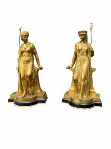 Pair of gilded bronze and marble sculptures signed and dated "Bouret 1872"