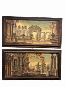 Coppia di dipinti a tempera con cornici originali in legno laccato