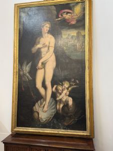 Fabelhaftes Ölgemälde auf Leinwand, das die "Geburt der Venus" mit zeitgenössischem Rahmen darstellt. EMILIA 16. Jahrhundert