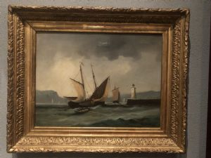 View of harbor exit with boats, oil on canvas, 19th century