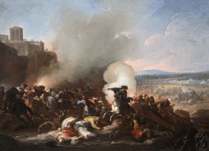 Ilario Mercanti, genannt "lo Spolverini" (Parma, 1657-1734) - Schlacht am Fuße einer Festung / Schlacht mit Kavalleriegefecht VERKAUFT
