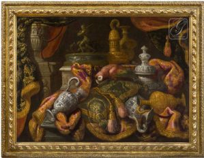 Antonio Tibaldi (Rom ca. 1635 nach 1675) - Stillleben mit Silberwaren, besticktem Kissen und Papagei auf einem Tisch VERKAUFT