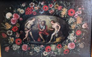 Judgement of Paris within a garland of flowers