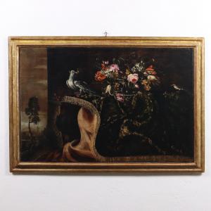 Dipinto Natura morta con Fiori e Uccellini