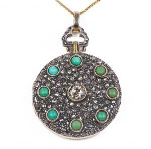 Antique 18K gold and silver photo pendant with turquoise and diamonds, 1940s