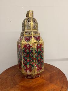 Vintage brass lantern with painted glass, 20th century, Morocco, 94x40cm
