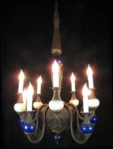 Antique Rustic Wrought Iron and Ostrich Eggshell Two Tier Ten-Light Chandelier
