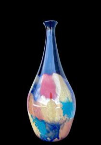 Schwere, überfangene Glasvase mit polichromen Tesserae-Einschlüssen und Flecken aus Metalloxiden. Toso-Manufaktur. Murano.