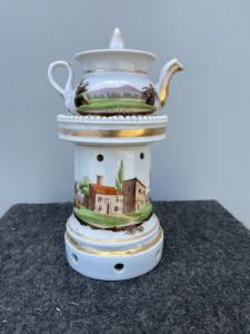 Porcelain night light teapot decorated with landscape and architecture. France