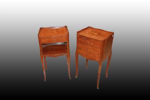 Antique bedside tables. Pair of Transition style bedside tables, inlaid, early 1900s