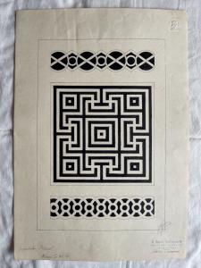 Desenho a tinta da China sobre papel representando motivos geométricos. Assinado por Mario Leonardi, 1915.