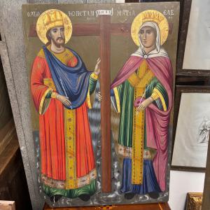 Antica Icona, dipinta su tavola,  Ortodossa di Grandi dimensioni raffigurante S. Costantino e S. Elena . misure  78 x 53 epoca fine XIX secolo . Buono stato di conservazione , molto bella la qualità . 