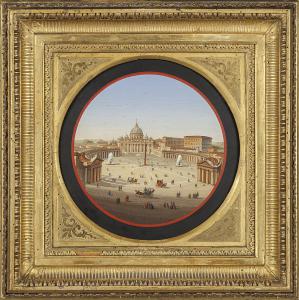 Piazza San Pietro animata da figurine e carrozze, micromosaico di forma rotonda, inizi secolo XIX