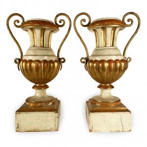 Pair of Italian Neoclassical Laquered and Gilt Wood Vases 1780 circa