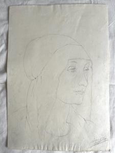 Desenho a lápis sobre papel, rosto de mulher renascentista. Arturo Pietra. Bolonha.