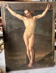 Gemälde mit gekreuzigtem Christus, Öl auf Leinwand, europäischer Malbereich, 19. Jahrhundert.