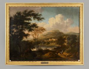 Frederick de Moucheron, Landschaft mit Reisenden in der Dämmerung, Öl auf Leinwand