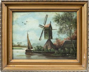 Dutch painter (19th century) - River landscape with windmill.