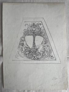 Desenho a lápis e nanquim sobre papel com esboço de brasão nobre. Arturo Pietra.
