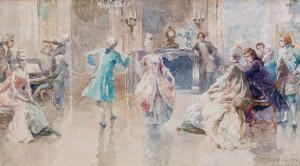 Watercolor on paper, by G. Battista Carpanetto, "Eighteenth-century Dances," 1909, signed