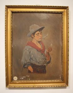 Antique oil painting on cardboard depicting a boy with a cigarette from 1900