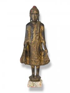 Figura di Buddha Stante su Fiore di Loto in Legno - Thailandia XIX Secolo 