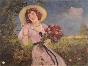 Oil on canvas of a girl with flowers, early 1900s