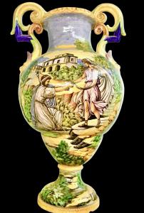Large vase with mask handles and historiated decoration. S.A.C.A. Sesto Fiorentino manufacture.