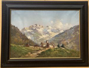 Dipinto ad olio su tela, raffigurante scorcio di paesaggio montano