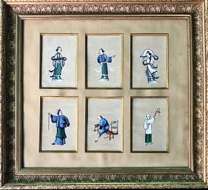 Composition of 6 paintings on silk within a gilded wooden frame depicting characters. China.