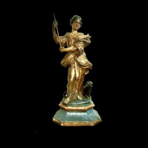 Goldene und polychrome Holzskulptur, die die Heilige Martha und den Drachen darstellt. Italien