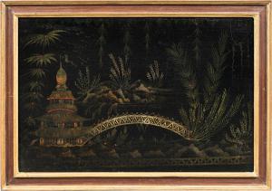 Pittore europeo alla maniera cinese (XVIII sec.) - Scena orientale con pagoda e ponte.