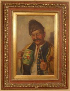 Antique oil painting on canvas by Andor G. Horvath (1876-1966) "Man with Pipe and Pitcher"