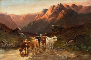 W. Richards (British, fine XIX secolo) — Paesaggio scozzese con mandria di Highland cattle. 