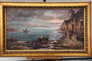 Dipinto olio su tela raffigurante paesaggio marinaro.Firmato.