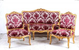 Antigo conjunto de sala de estar Luís XV dourado do século XIX, de 3 peças, sofá com poltronas