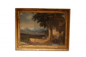 Acquerello del 1800 francese "Paesaggio campestre con personaggi" Ora del pranzo