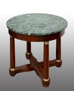 Antique Empire style mahogany feather table with green alpine marble top. France, 20th century.