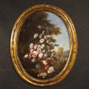 Antique Italian oval still life painting from the 18th century