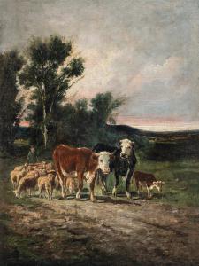 Pittore europeo (XIX secolo) - Paesaggio con bovini e gregge al tramonto.