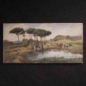Bucolic landscape painting signed Giron from 20th century