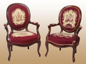 Pair of French Louis Philippe style medallion armchairs with petit point embroidery