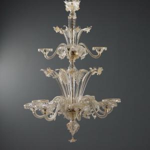 Lustre Murano em vidro soprado transparente e douração, início do século XX
