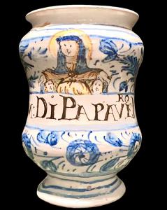 Albarello-Pilloliere  da farmacia in maiolica con decoro ‘calligrafico naturalistico’.Bottega Vicchi.Faenza.