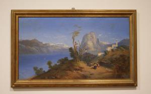 Antico dipinto inglese del 1800 olio su tela raffigurante paesaggio montano con lago
