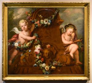 Pair of cherubs with a garland of flowers, Jacob De Wit (Amsterdam, 1695 - 1754) attributable/workshop