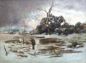 Oil painting on canvas, "Winter Landscape" by Angelo Vernazza, late 19th - early 20th century.