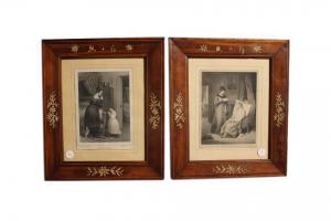 Pair of late 1800s French Prints Depicting Interior Scenes with Figures